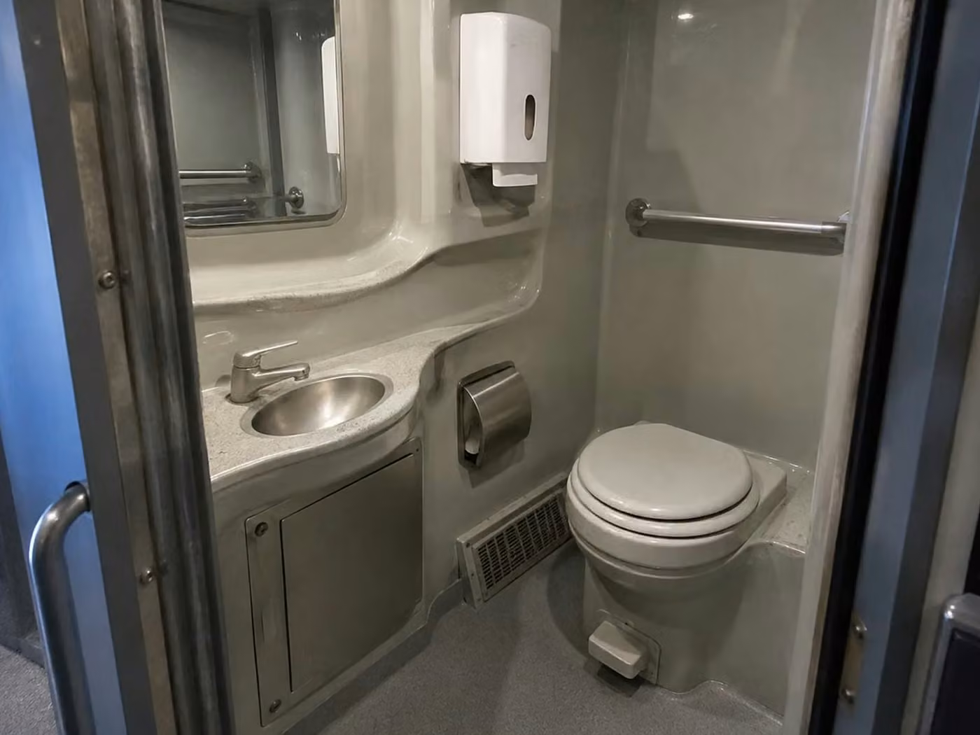 fishers 56 passenger charter bus onboard restroom